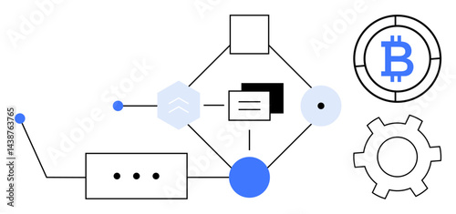 Geometric shapes, Bitcoin symbol, and gear interconnected to represent blockchain, cryptocurrency, and process workflows. Ideal for blockchain education, fintech, data flow, development technology