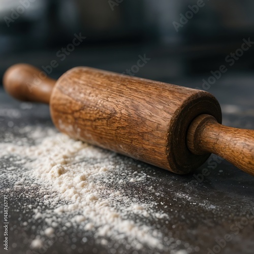Obraz na płótnie Wooden rolling pin lies on a dark countertop, dusted with flour, inviting anyone to create delicious baked goods in a warm, inviting kitchen atmosphere. w salonie