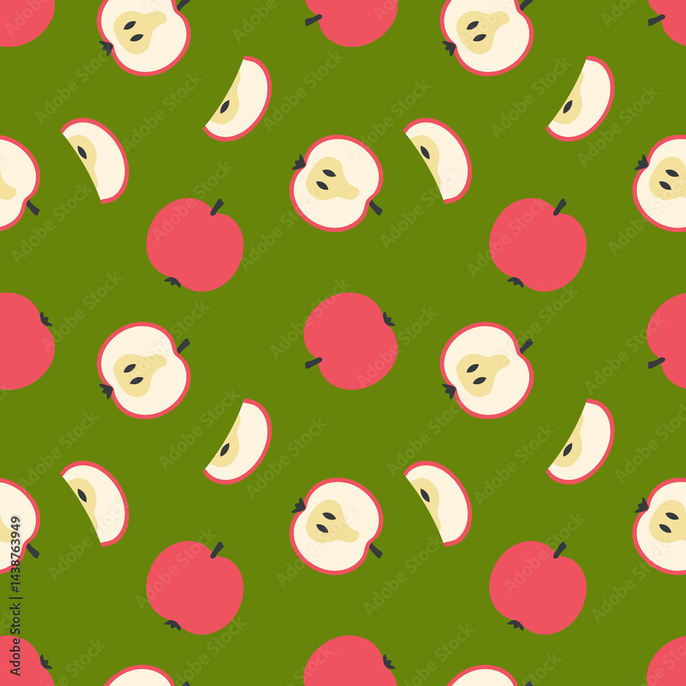 Modern art minimalist style seamless pattern with apple halves and slices. Perfect for banner, textile, fabric, paper, label, sale. Hand drawn illustration. Modern art minimalist style seamless pattern with apple halves and slices. Perfect for banner, textile, fabric, paper, label, sale. Hand drawn illustration.