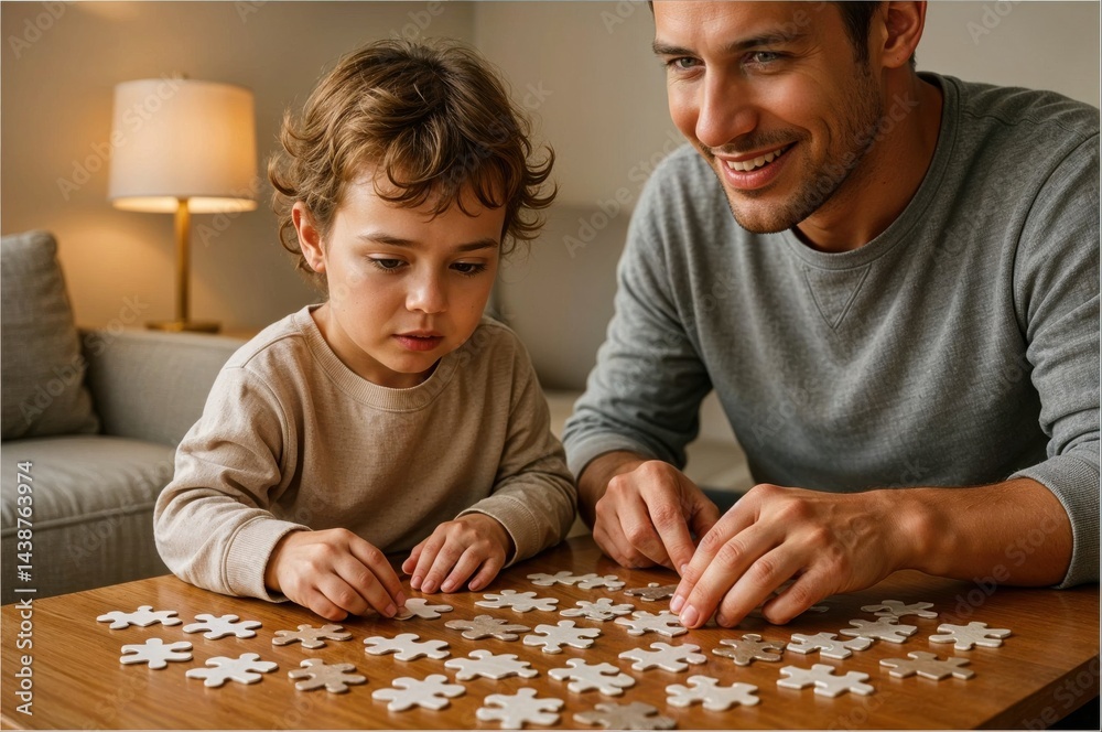 A father and son share quality moments at a warm, inviting table, concentrating on assembling a puzzle while enjoying each other's company in their cozy home.