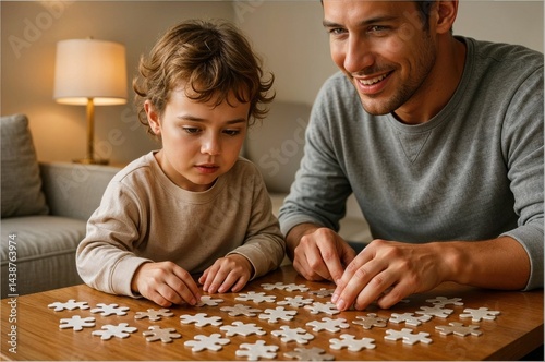 Obraz na płótnie A father and son share quality moments at a warm, inviting table, concentrating on assembling a puzzle while enjoying each other's company in their cozy home. w salonie