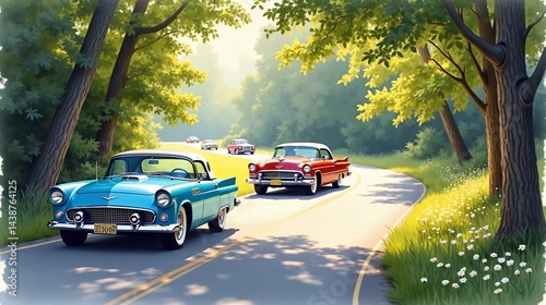 Serene Drive: Vintage Cars in Nature's Embrace