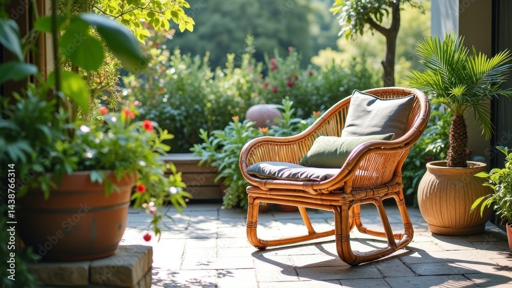 Obraz premium Serene outdoor patio with wicker chair surrounded by lush greenery