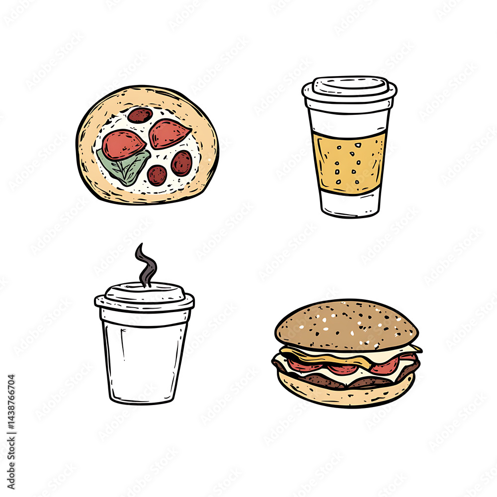 A digital illustration showcases a selection of classic fast-food items: a pizza, coffee, and burger. A digital illustration showcases a selection of classic fast-food items: a pizza, coffee, and burger.