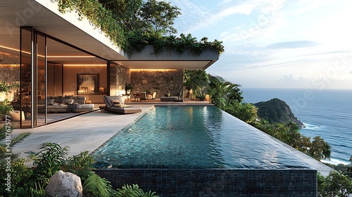 Elegant luxury villa with water features high resolution picture