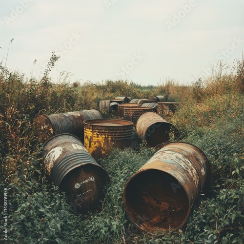 Wallpaper Mural Abandoned Rusty Metal Drums Scattered in Overgrown Field with Tall Weeds and Grass Under Pale Sky in Rural Area Torontodigital.ca