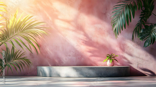 Tropical leaf shadow blank soft pink background composition for product presentation. The background is pink and beige. Shadows of the plants cast on the wall. Nude Studio Minimal showcase