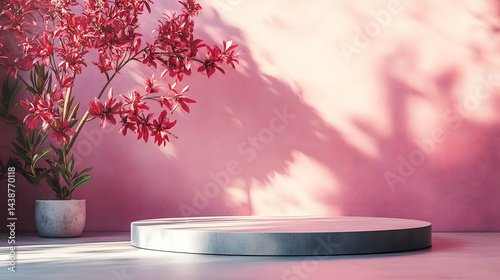 Pink podiums 3d background with podium. The image shows a pink platform with a blurred background and pink leaves on the left and right sides.
