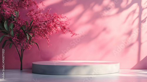 Pink podiums 3d background with podium. The image shows a pink platform with a blurred background and pink leaves on the left and right sides.
