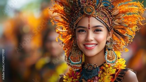 Festive woman. Smiling girl with headdress. Bright colors in festival dress. Exotic beauty and yellow feathers adorn her head and chest. Cheerful occasion