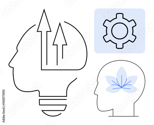 Silhouette of head with arrows, lotus for mindfulness, and gear for problem-solving. Ideal for creativity, growth, focus, innovation, strategy, mindfulness education simple landing page