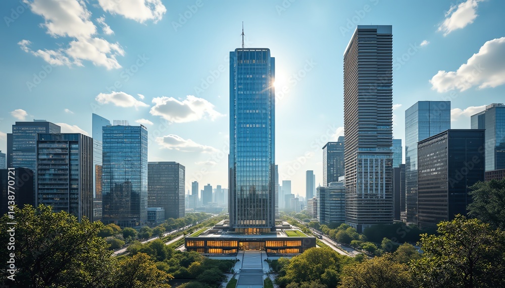 Obraz premium Modern skyscrapers in a vibrant urban landscape.