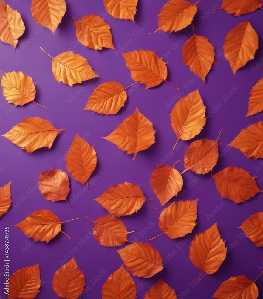 Metallic orange leaves scattered on violet Geometric leaf pattern on vibrant background , backdrop, metallic Metallic orange leaves scattered on violet Geometric leaf pattern on vibrant background , backdrop, metallic