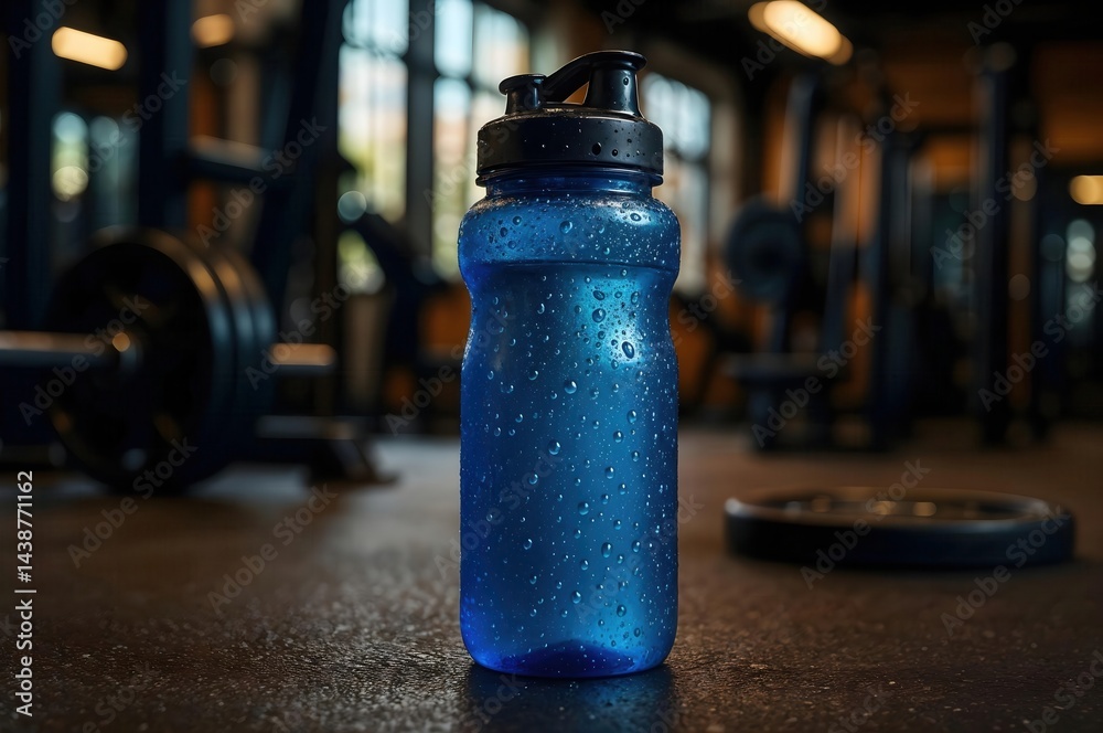 On a gym floor filled with weights and exercise equipment, a vibrant blue water bottle rests, glistening with droplets from a recent workout, inviting hydration and vitality.