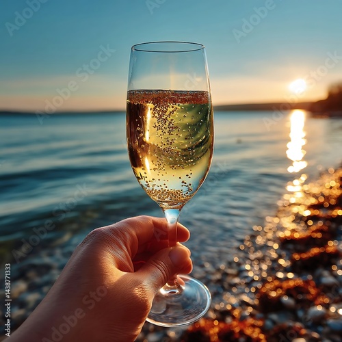 Realistic Image of Close-up Wine Glass at Ocean Sunset for Ferragosto Dinner Poster