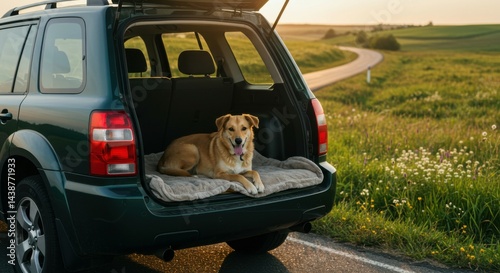 Furry companion waiting in car boot during outdoor escape.