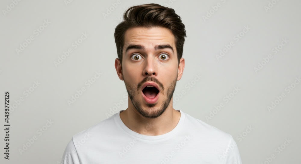 Male model showing shock and disbelief on light backdrop. Male model showing shock and disbelief on light backdrop.