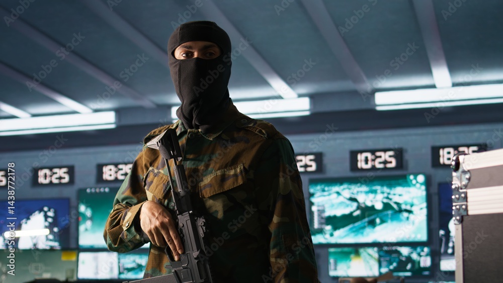 Naklejka premium Terrorist occupying enemy base of operations, conducting guerilla warfare. Rebel forces hijacker with firearm in hidden war room starting offensive against opponents, camera B