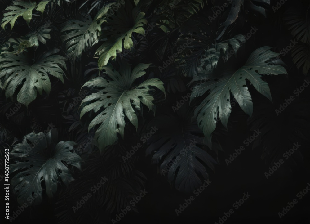 Fototapeta premium Dark, lush tropical leaves and vines intertwine, casting deep shadows on a black backdrop , illustration, wallpaper