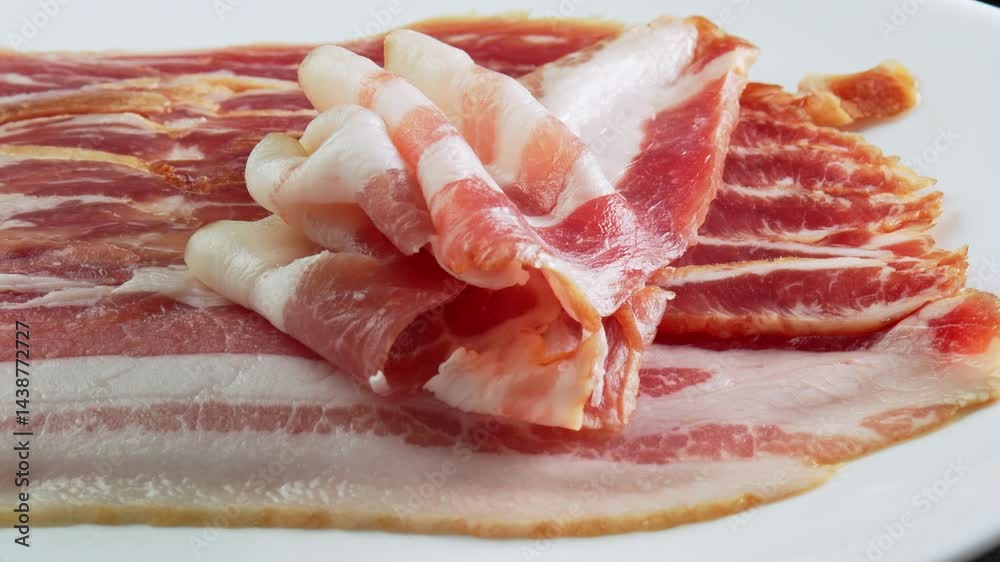 A strip of fresh bacon falls onto a package of bacon. Pork meat with fat marbled within succulent meat. Slices of fresh smoked bacon for making English breakfast