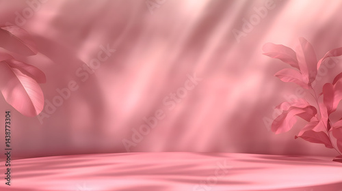 Pink podiums 3d background with podium. Pink room with a shelf and a window with sunlight streaming through. The sunlight casts shadows on the wall and floor, creating a warm and inviting atmosphere.