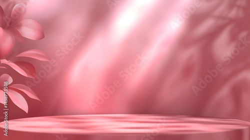 Pink podiums 3d background with podium. The image shows a pink platform with a blurred background and pink leaves on the left and right sides.