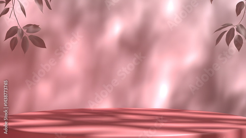 Pink podiums 3d background with podium. Pink room with a shelf and a window with sunlight streaming through. The sunlight casts shadows on the wall and floor, creating a warm and inviting atmosphere.