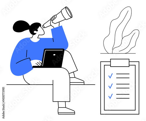 Woman sitting with laptop using telescope and reviewing checklist. Ideal for productivity, goal setting, planning, strategy, business growth, analysis, simple landing page