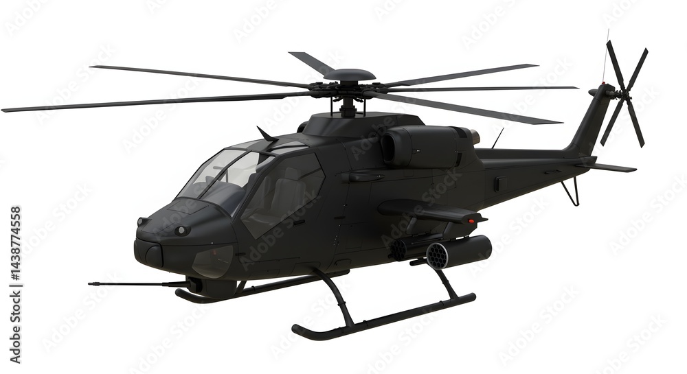 High-resolution 3D render of a modern black military helicopter, centered on a white background High-resolution 3D render of a modern black military helicopter, centered on a white background