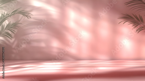 Pink podiums 3d background with podium. Pink room with a shelf and a window with sunlight streaming through. The sunlight casts shadows on the wall and floor, creating a warm and inviting atmosphere.