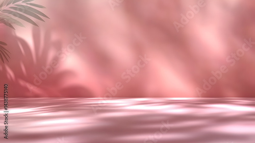 Pink podiums 3d background with podium. Pink room with a shelf and a window with sunlight streaming through. The sunlight casts shadows on the wall and floor, creating a warm and inviting atmosphere.