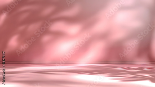 Pink podiums 3d background with podium. Pink room with a shelf and a window with sunlight streaming through. The sunlight casts shadows on the wall and floor, creating a warm and inviting atmosphere.