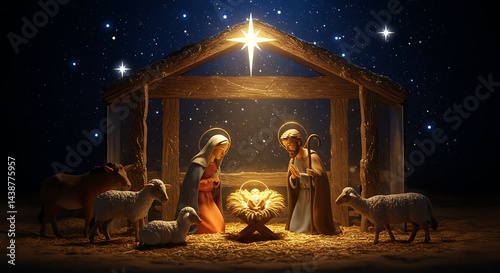 Digital Christmas Nativity Scene: Festive Holiday Design with Ample Copy Space for Text and Logos   
