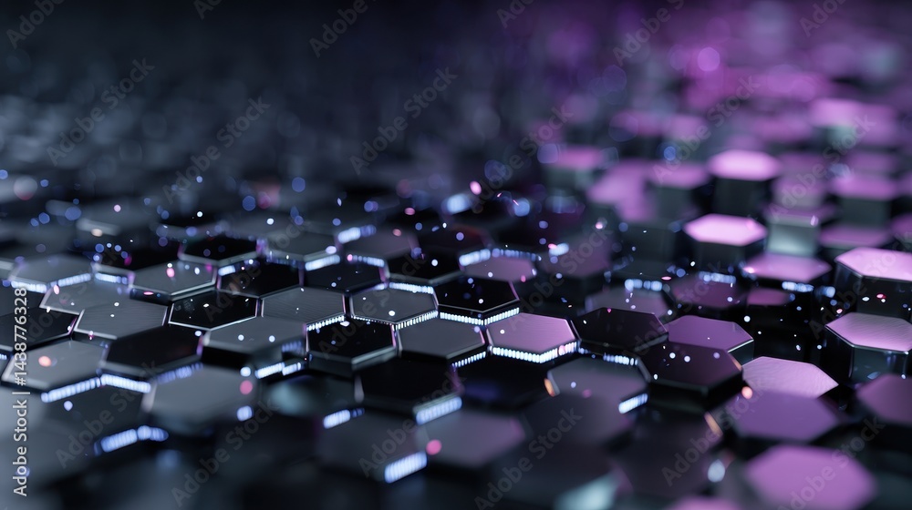 Fototapeta premium Exploring a dark techno universe with a hyperdetailed hexagonal structure illuminated by subtle violet and ice blue lights