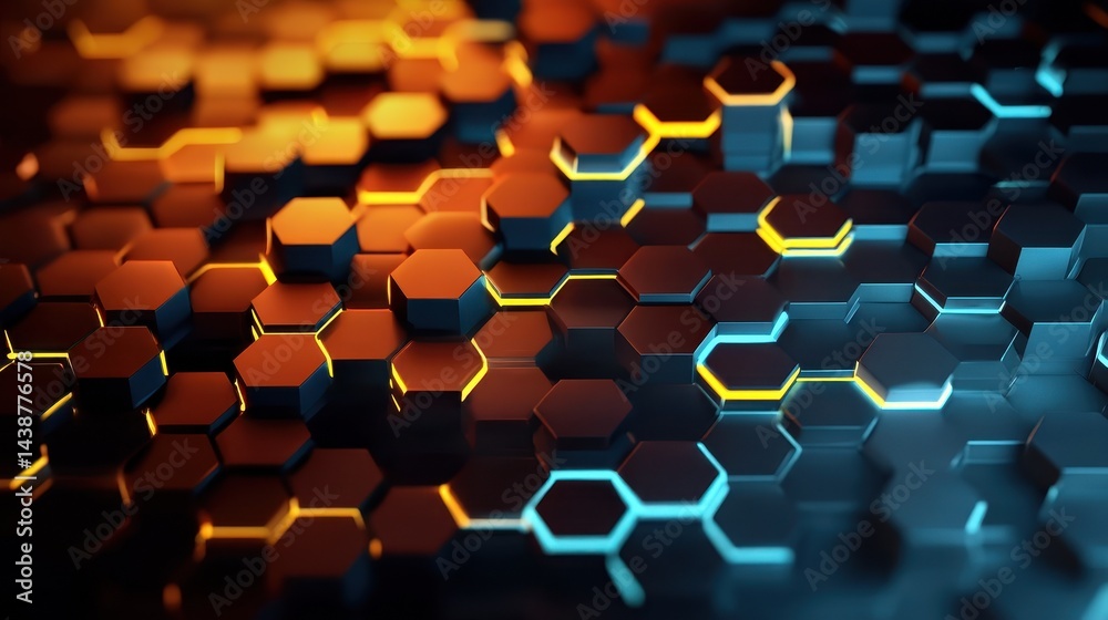 Obraz premium Dynamic interplay of orange and blue hexagons creates an immersive abstract background with futuristic depth and vibrant neon illumination