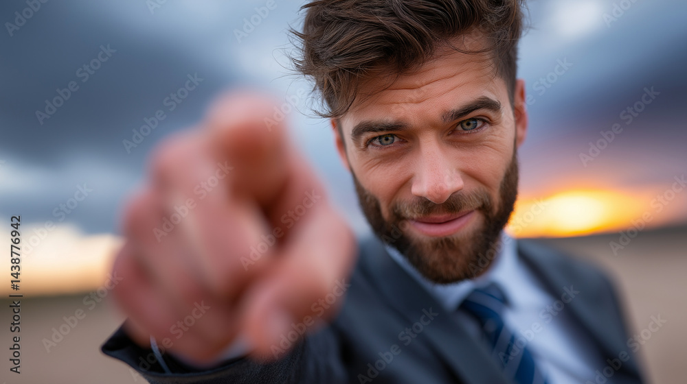 Nahaufnahme eines bärtigen Geschäftsmannes, der mit dem Finger nach vorne zeigt