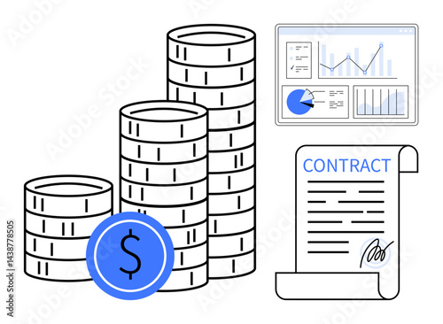 Stacked coins, signed contract, and data charts highlighting financial growth. Ideal for investment, business deals, economic planning, profit analysis, consulting, strategic planning simple landing