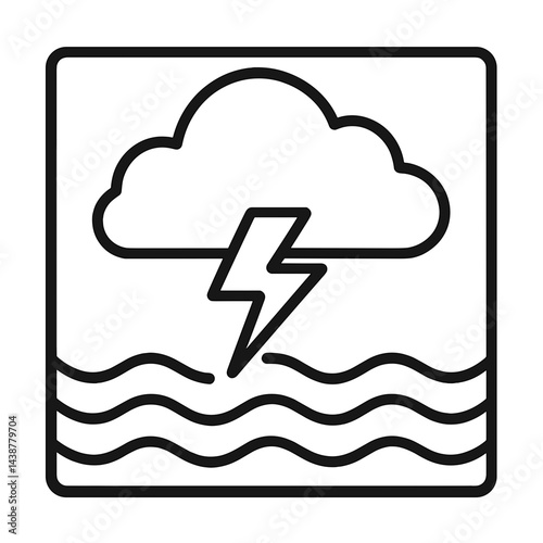 Thunderstorm Icon with Cloud, Lightning, and Waves on White Background