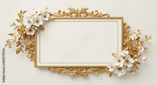 Elegant Gold & White Floral Frame: Luxurious Background for Wedding Invitations, Branding, and      