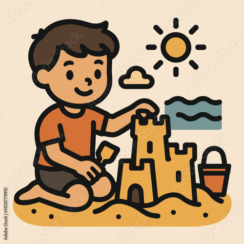 Child Building Sandcastle on Beach with Sun and Water Icon on Cream Background