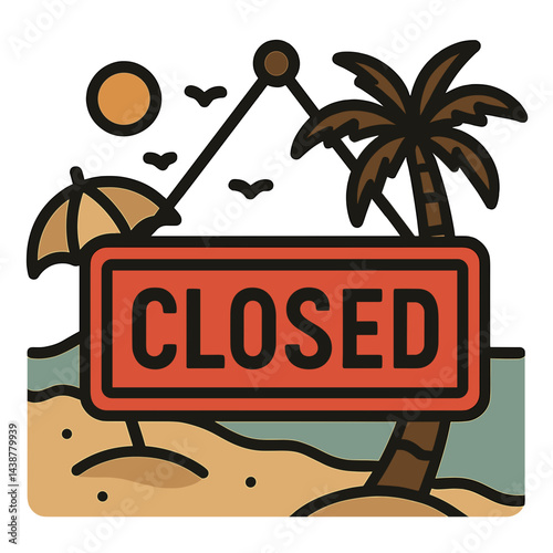 Closed Sign at Beach Scene with Sun and Palm Tree Icon on White Background