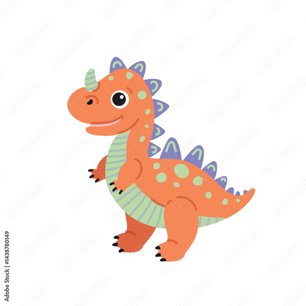 Fototapeta premium Cute cartoon orange dinosaur on white background, vector illustration for children's design.