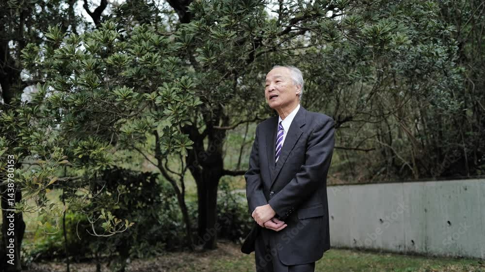 In a spring park, a man in his 70s wearing a suit stands at a corner, holding a folded umbrella and talking. He is surrounded by fresh greenery and the peaceful atmosphere of the spring season. In a spring park, a man in his 70s wearing a suit stands at a corner, holding a folded umbrella and talking. He is surrounded by fresh greenery and the peaceful atmosphere of the spring season.