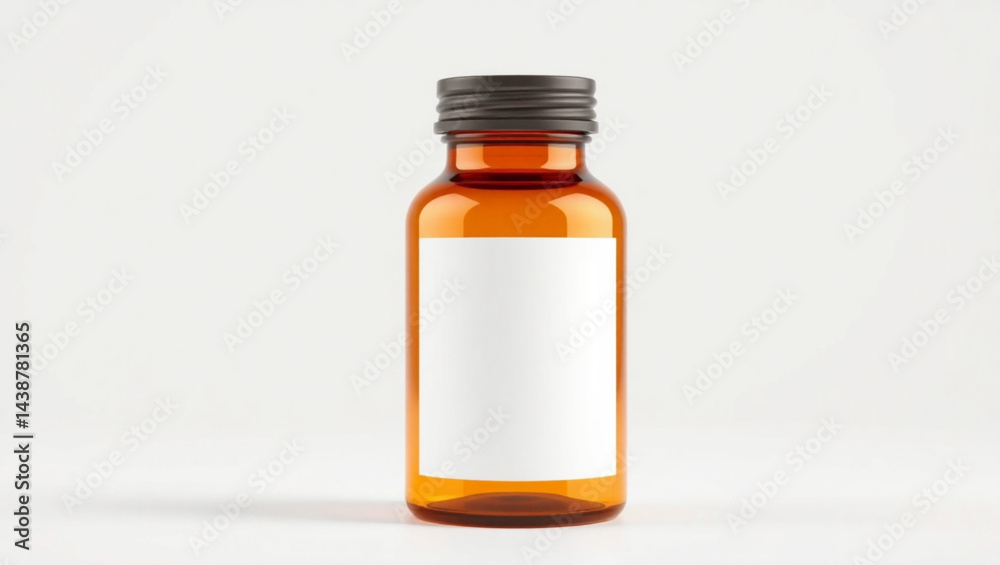 Amber glass bottle with a black cap and a blank white label on a white background surface setting created with generated ai Amber glass bottle with a black cap and a blank white label on a white background surface setting created with generated ai