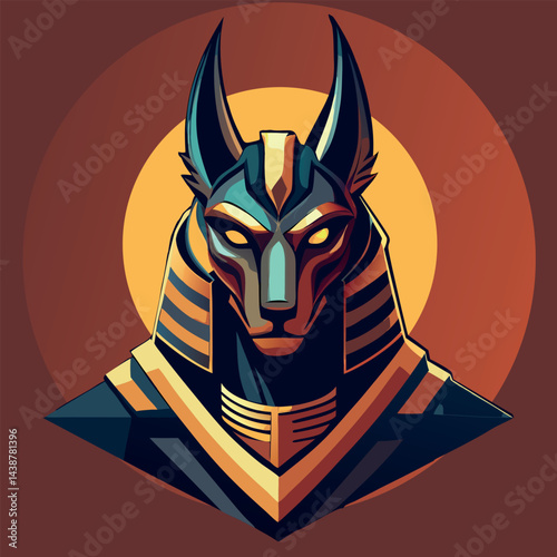 Depiction of an ancient Egyptian deity with a canine head and ornate headdress against a vibrant, warm background Generative AI
