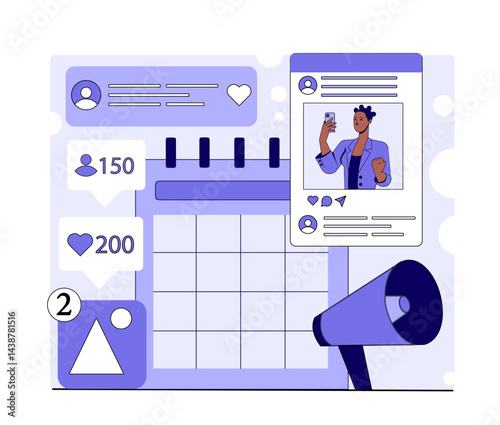 Content strategy development. Loudspeaker, calendar and social media post. Content promotion on Internet. Business communication and media. SMM specialist. Flat vector illustration