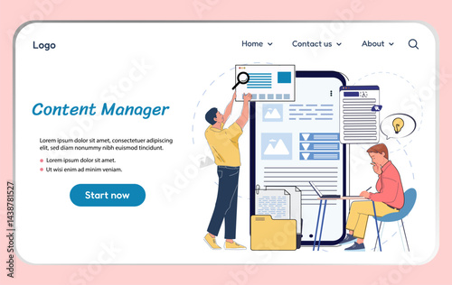 Content manager landing page. Men develop content for Internet and social networks. Team of talented authors and content creators. Poster or banner for website. Linear vector illustration