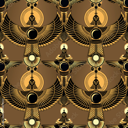 Intricate patterned design featuring Egyptian motifs and golden tones in a seamless arrangement Generative AI