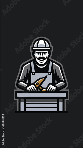 A carpenter works in a workshop image. Minimalistic flat style. Vector illustration.