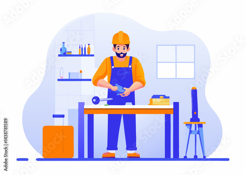 A carpenter works in a workshop image. Cartoon style. Vector illustration.
